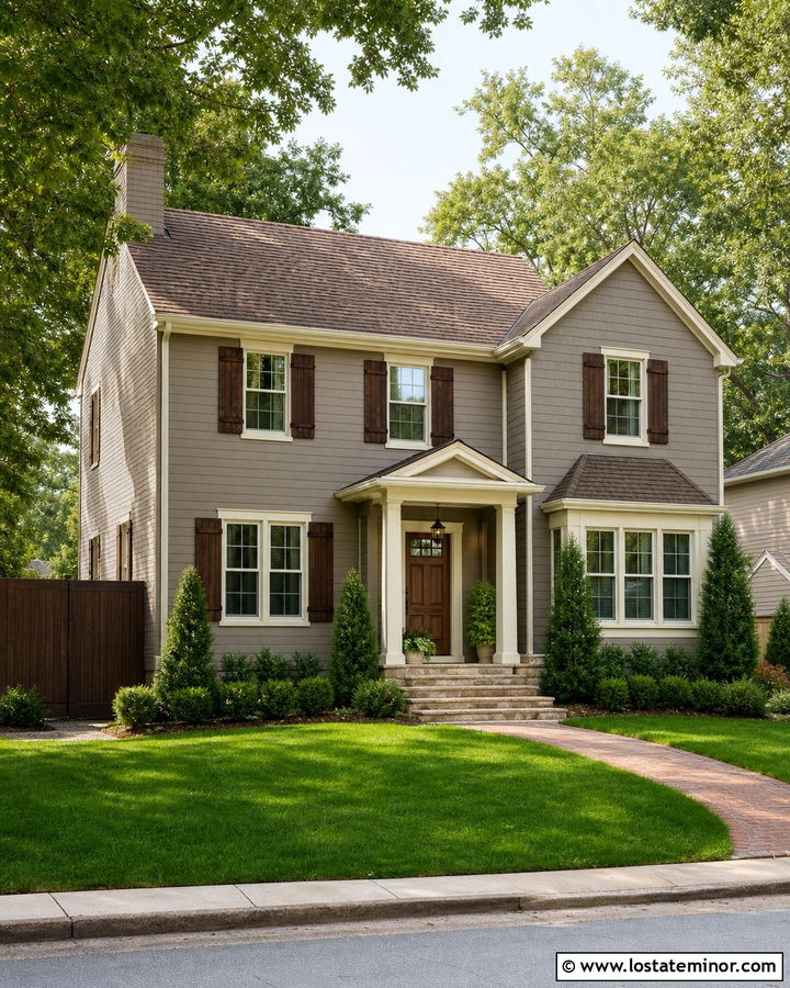 Taupe House With Dark Brown Wood Fence - 30 Taupe House Design With Fence Ideas