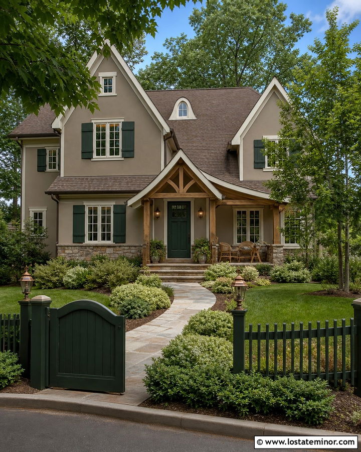 Taupe House With Dark Green Fence - 30 Taupe House Design With Fence Ideas