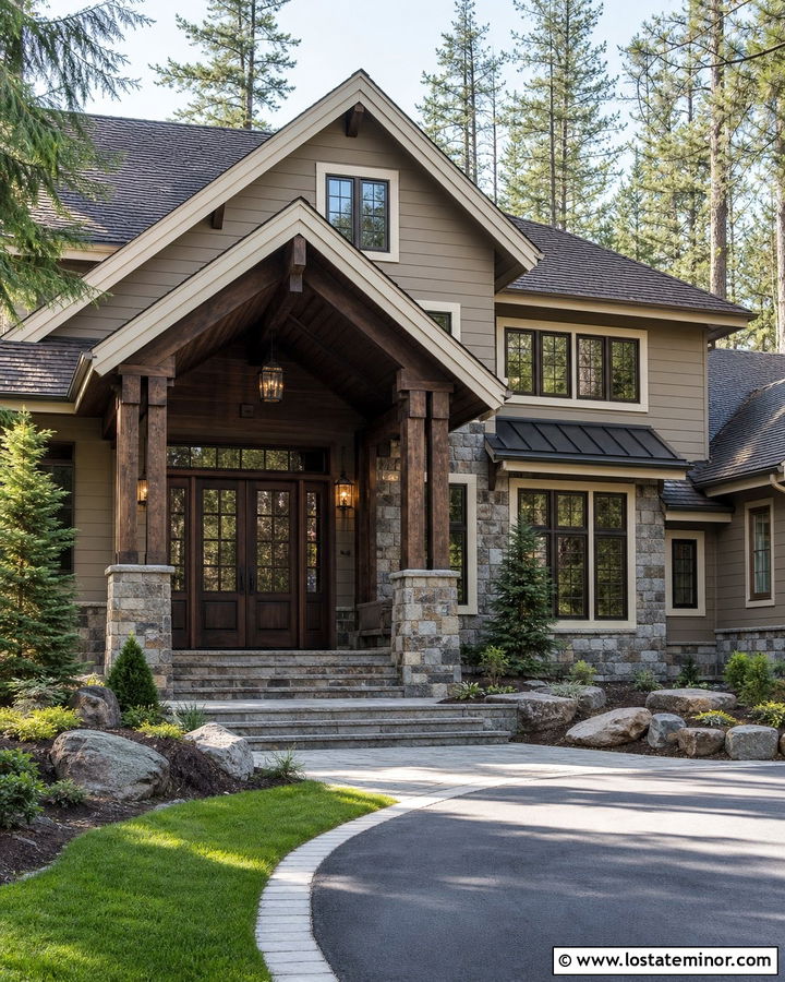 Taupe House With Dark Wood Porch Ceiling - 30 Taupe House Design With Porch Ceiling Ideas