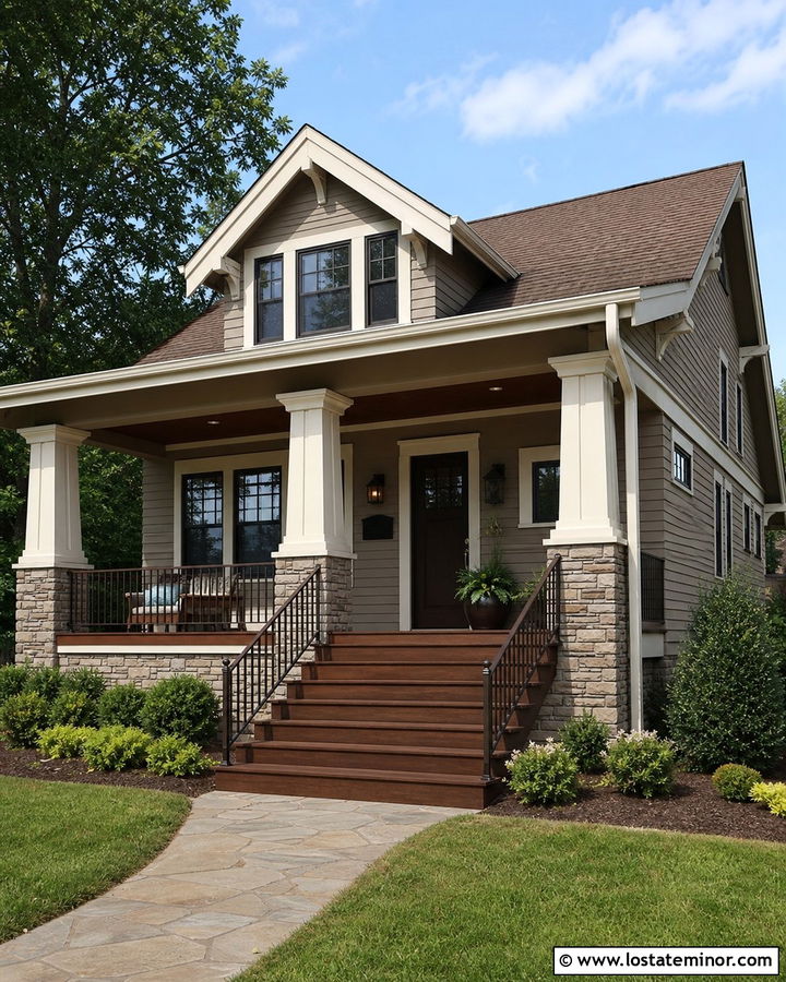 Taupe House With Deck And Stone Skirting - 30 Taupe House Design With Deck Ideas