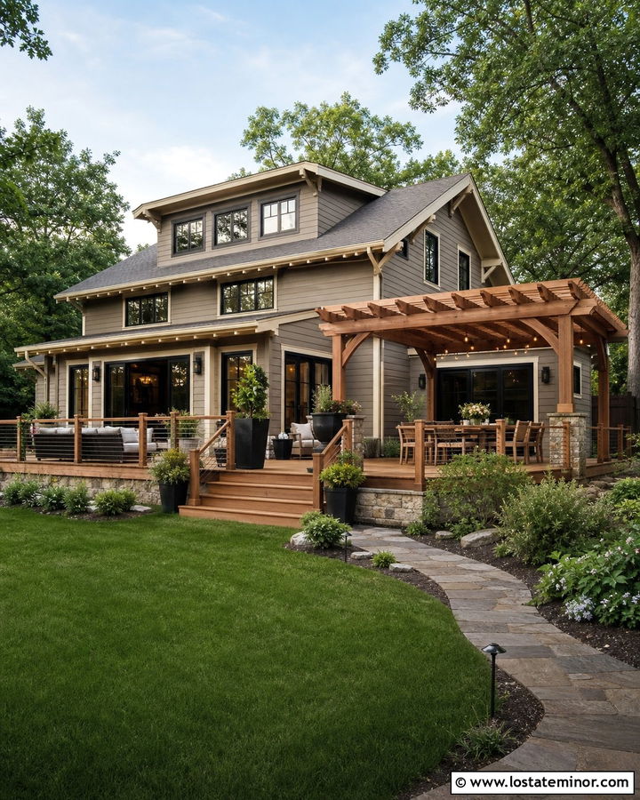 Taupe House With Deck Pergola - 30 Taupe House Design With Pergola Ideas