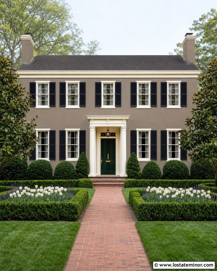 Taupe House With Deep Green Door And Formal Landscaping - 30 Taupe House Design With Landscaping Ideas