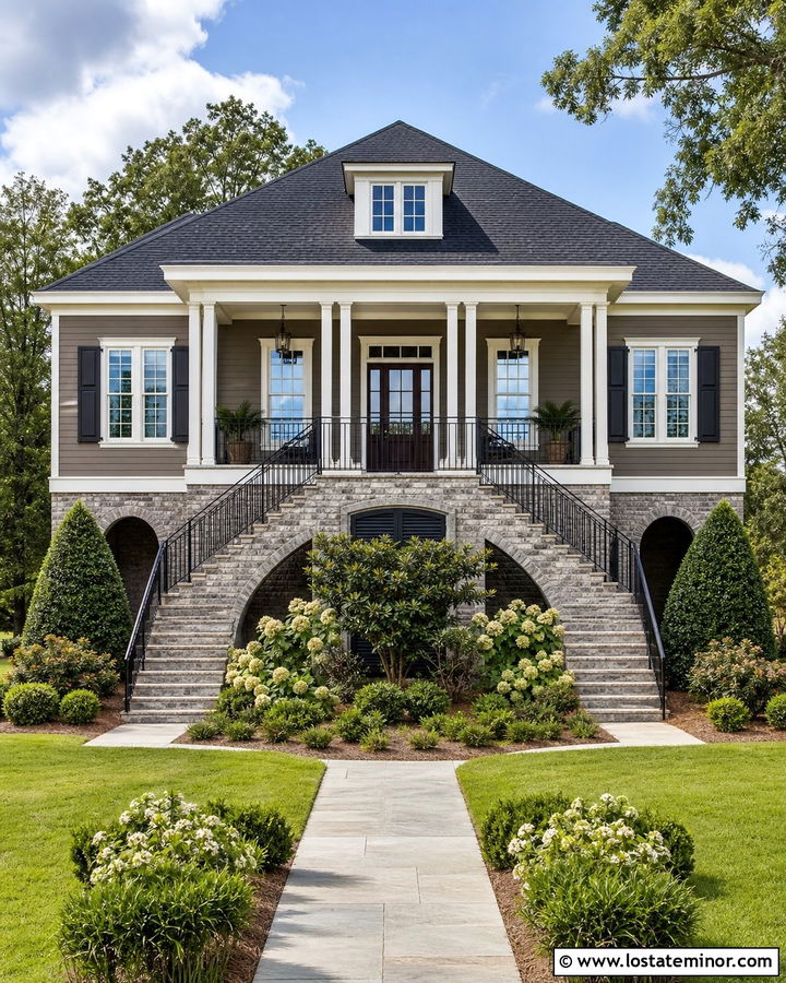Taupe House With Double Stair Entry - 30 Taupe House Design With Steps Ideas