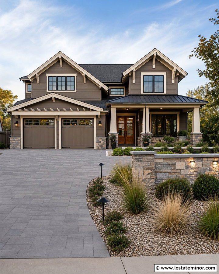 Taupe House With Driveway Lighting - 30 Taupe House Design With Driveway Ideas