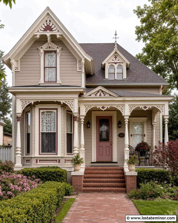 Taupe House With Dusty Rose Front Door - 30 Taupe House Design With Front Door Ideas