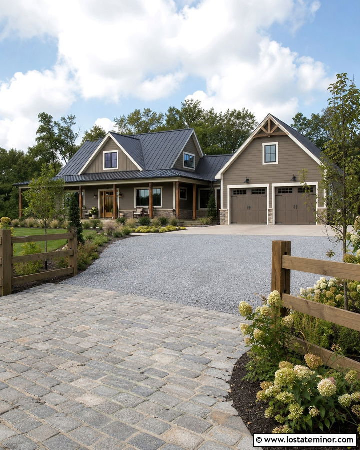 Taupe House With Farmhouse Driveway - 30 Taupe House Design With Driveway Ideas