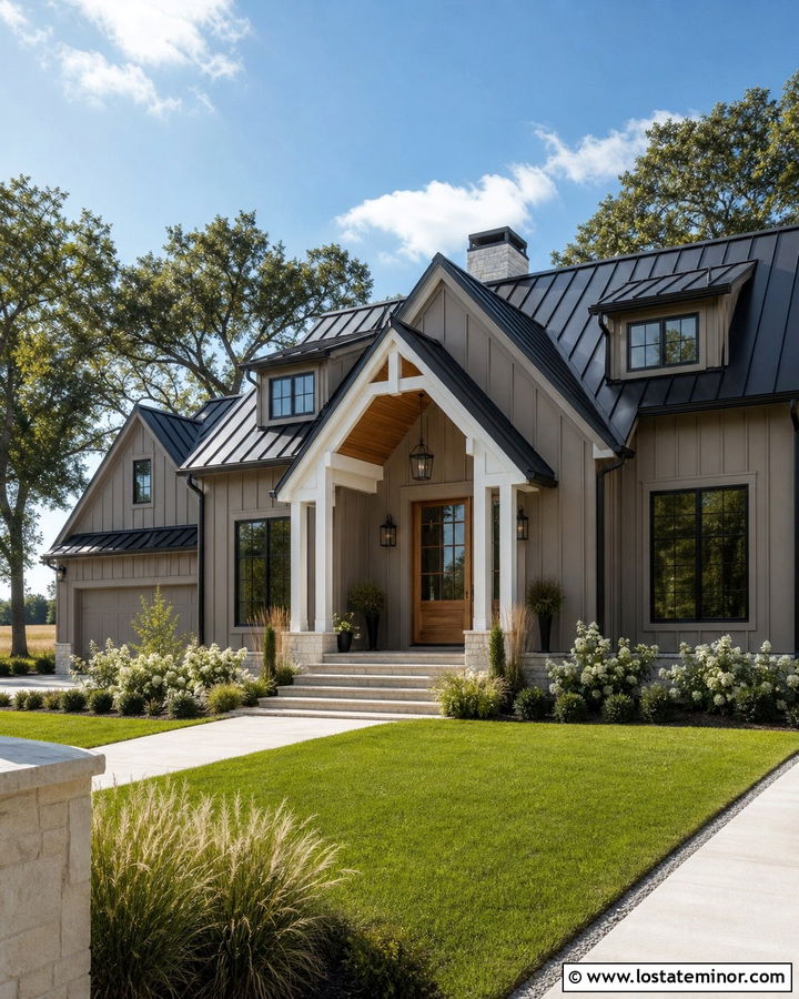 Taupe House With Farmhouse Portico - 30 Taupe House Design With Portico Ideas