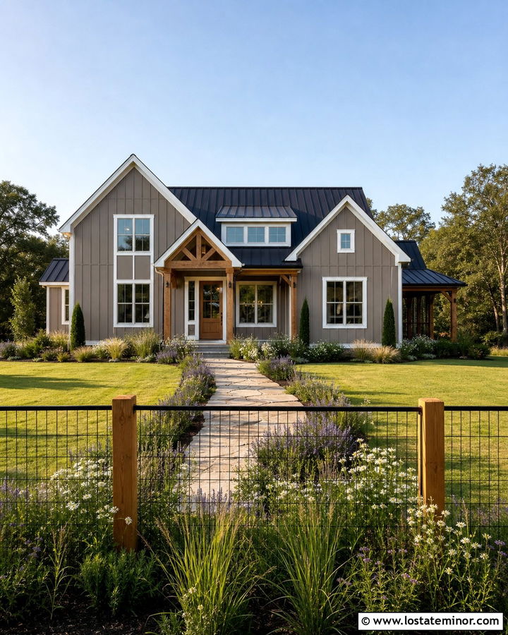Taupe House With Farmhouse Wire Fence - 30 Taupe House Design With Fence Ideas