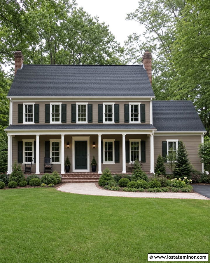 Taupe House With Forest Green Shutters - 30 Taupe House Design With Shutters Ideas