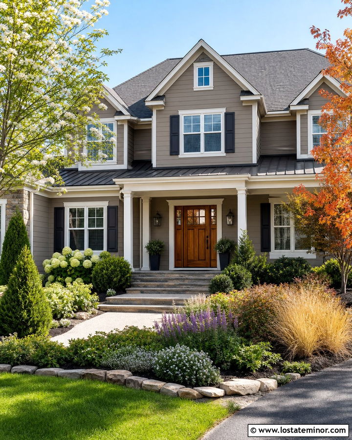 Taupe House With Four Season Front Yard Landscaping - 30 Taupe House Design With Landscaping Ideas
