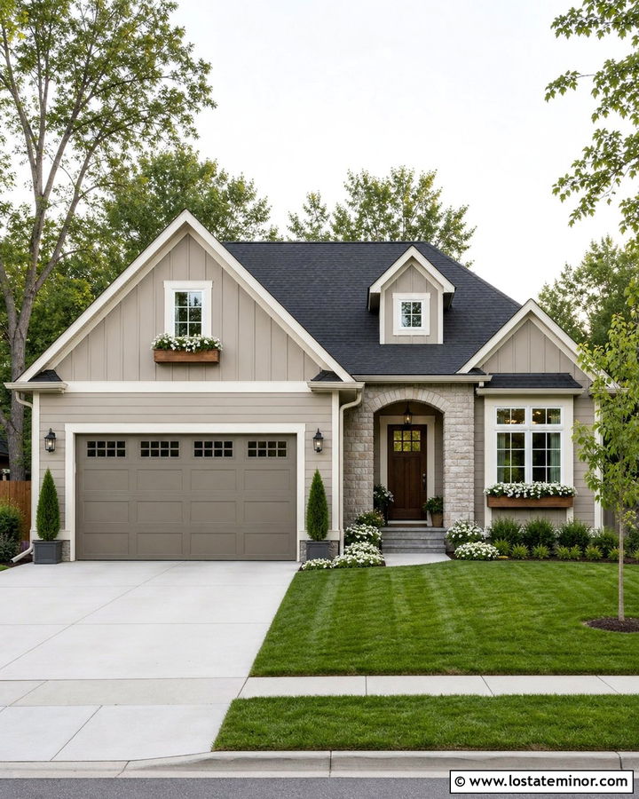 Taupe House With Garage Window Boxes - 30 Taupe House Design With Window Boxes Ideas