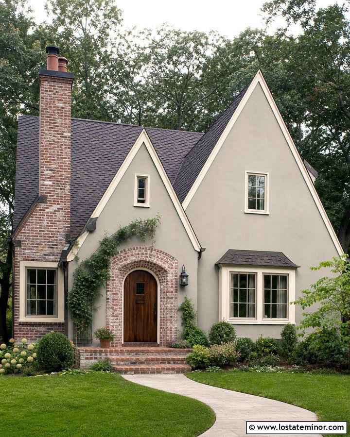 Taupe House With German Smear Brick - 30 Taupe House Design With Brick Accents Ideas