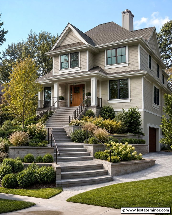 Taupe House With Gradual Steps And Landings - 30 Taupe House Design With Steps Ideas