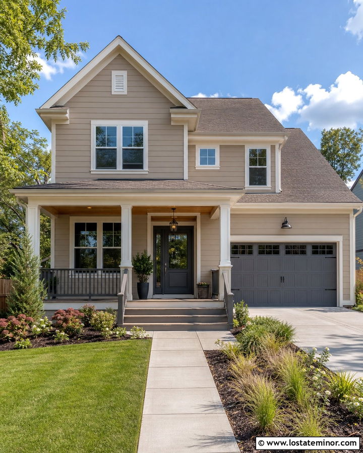 Taupe House With Gray Porch And Garage - 30 Taupe House Design With Front Porch Ideas