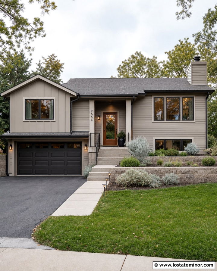 Taupe House With Gray Roof And Charcoal Garage - 30 Taupe House Design With Garage Door Ideas