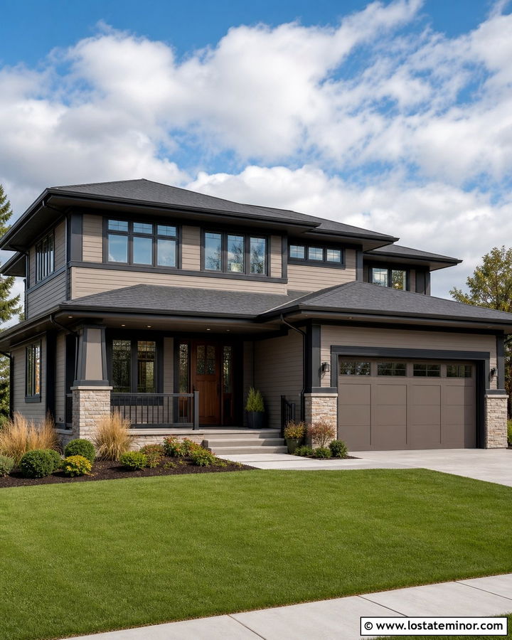 Taupe House With Gray Roof And Dark Trim - 30 Taupe House Design With Trim Ideas