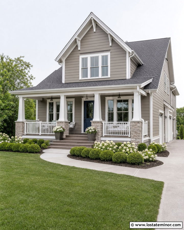 Taupe House With Gray Roof And White Railings - 30 Taupe House Design With Railings Ideas