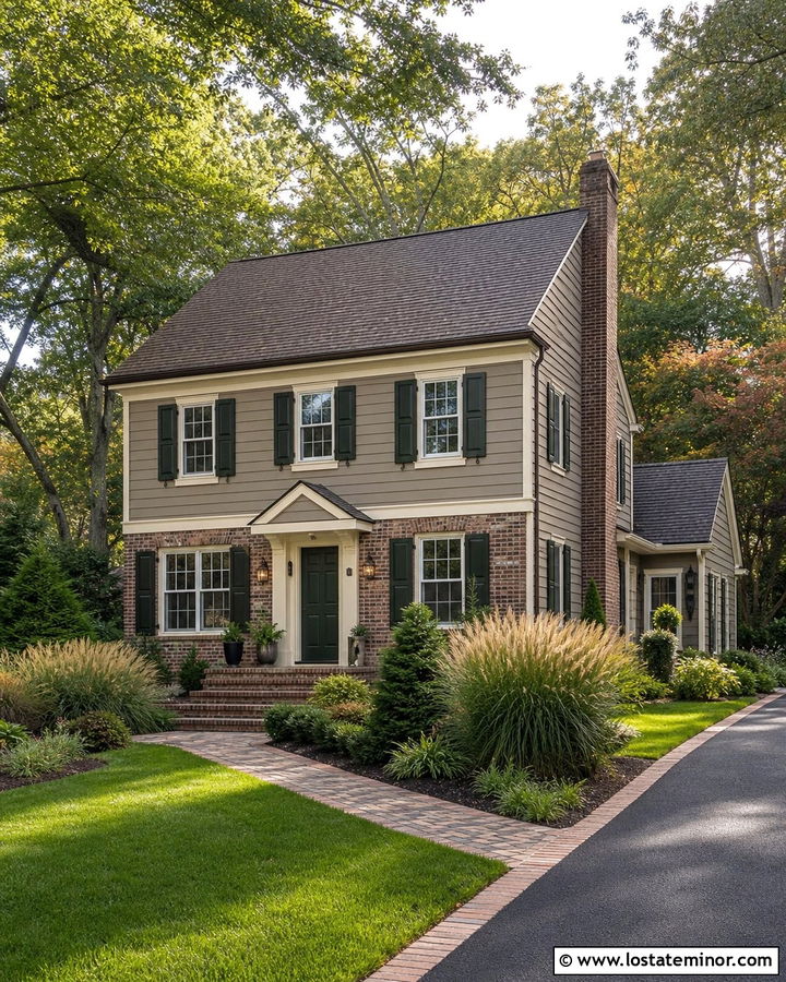Taupe House With Green Door And Brick - 30 Taupe House Design With Brick Accents Ideas
