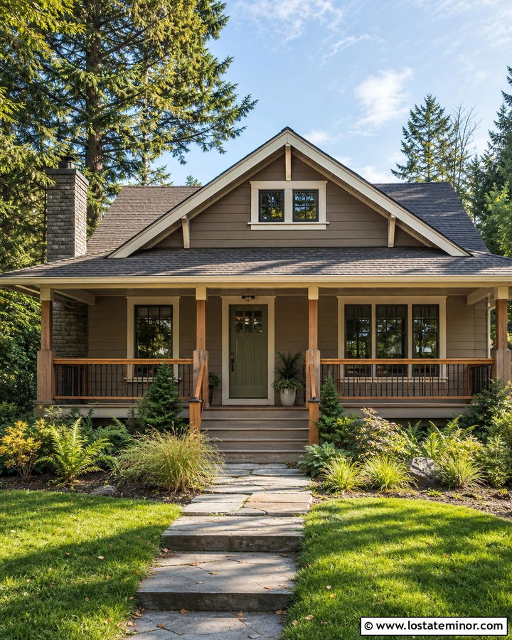 Taupe House With Green Door And Cedar Railings - 30 Taupe House Design With Railings Ideas