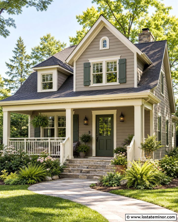 Taupe House With Green Door And Cream Trim - 30 Taupe House Design With Trim Ideas