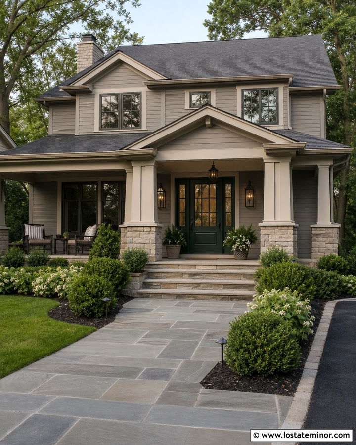 Taupe House With Green Door And Stone Porch - 30 Taupe House Design With Front Porch Ideas