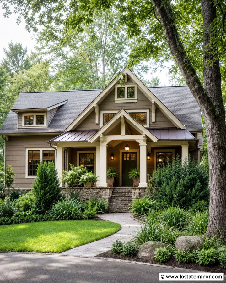 Taupe House With Green Door Portico - 30 Taupe House Design With Portico Ideas