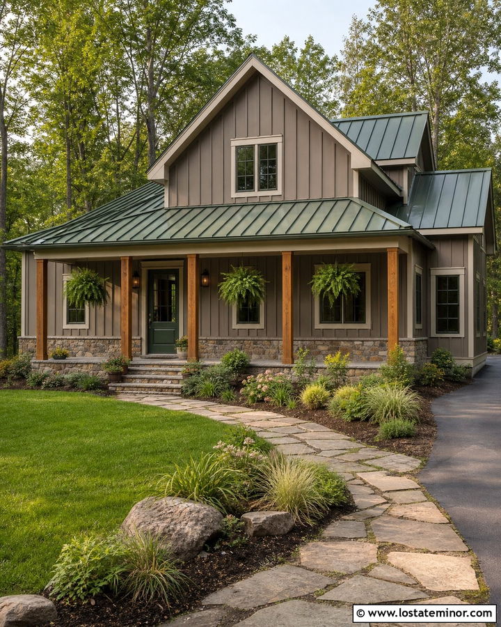 Taupe House With Green Metal Roof - 30 Taupe House Design With Roof Ideas