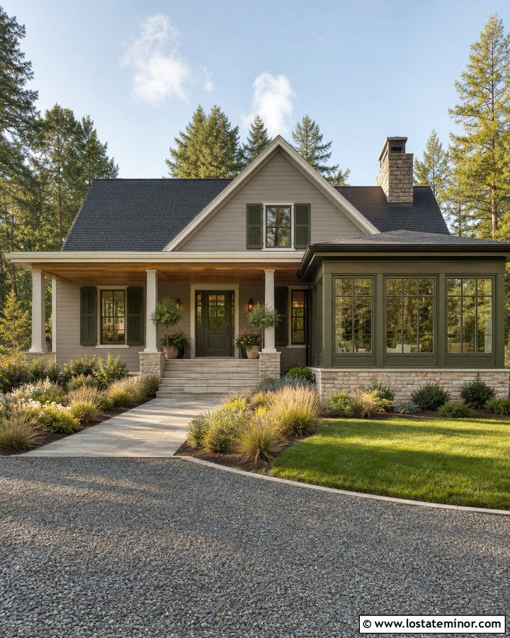 Taupe House With Green Sunroom Trim - 30 Taupe House Design With Sunroom Ideas