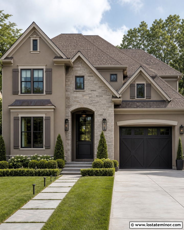 Taupe House With Greige Shutters - 30 Taupe House Design With Shutters Ideas