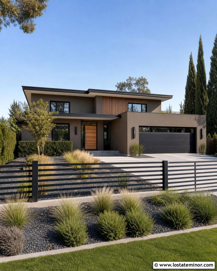 Taupe House With Horizontal Black Fence - 30 Taupe House Design With Fence Ideas
