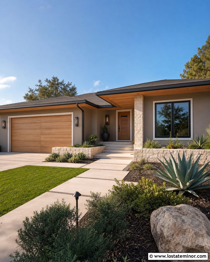Taupe House With Light Oak Garage Door - 30 Taupe House Design With Garage Door Ideas