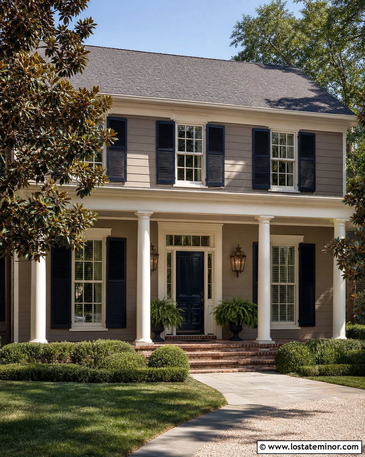 Taupe House With Louvered Shutters - 30 Taupe House Design With Shutters Ideas