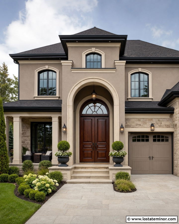Taupe House With Mahogany Front Door - 30 Taupe House Design With Front Door Ideas