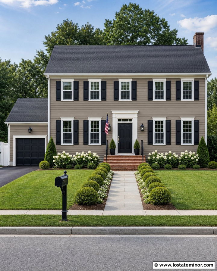 Taupe House With Mailbox And Black Shutters - 30 Taupe House Design With Mailbox Ideas