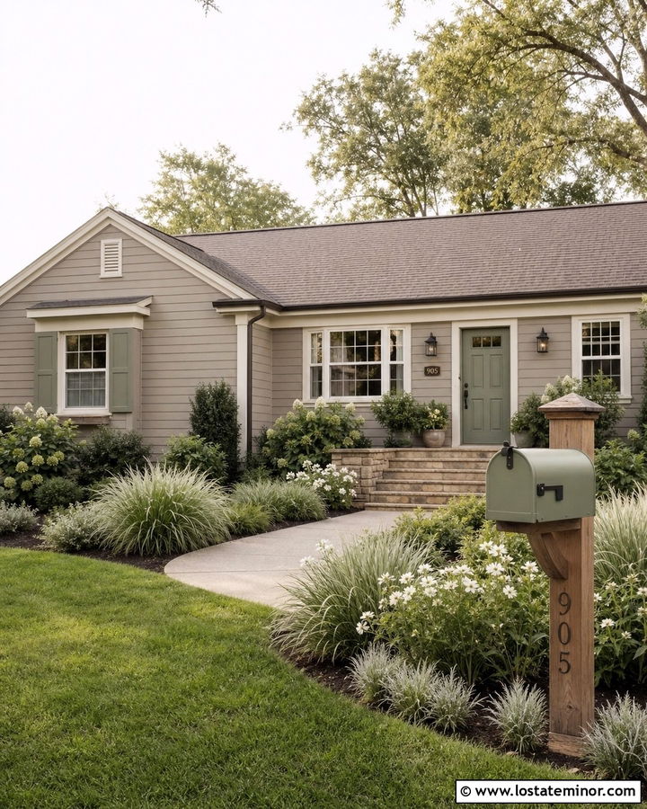 Taupe House With Mailbox And Sage Front Door - 30 Taupe House Design With Mailbox Ideas