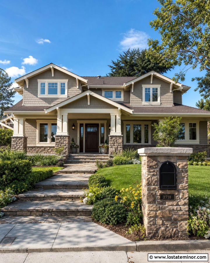 Taupe House With Mailbox And Stone Porch - 30 Taupe House Design With Mailbox Ideas
