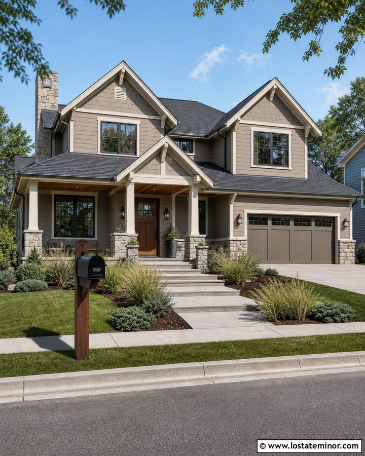 Taupe House With Mailbox And Wood Front Door - 30 Taupe House Design With Mailbox Ideas