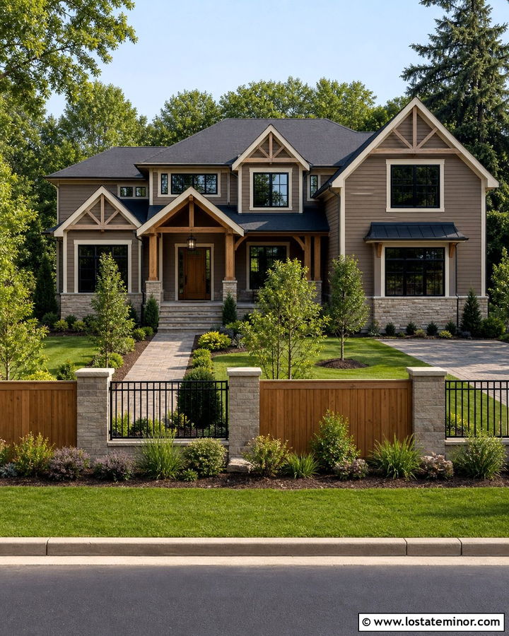 Taupe House With Mixed Material Fence - 30 Taupe House Design With Fence Ideas
