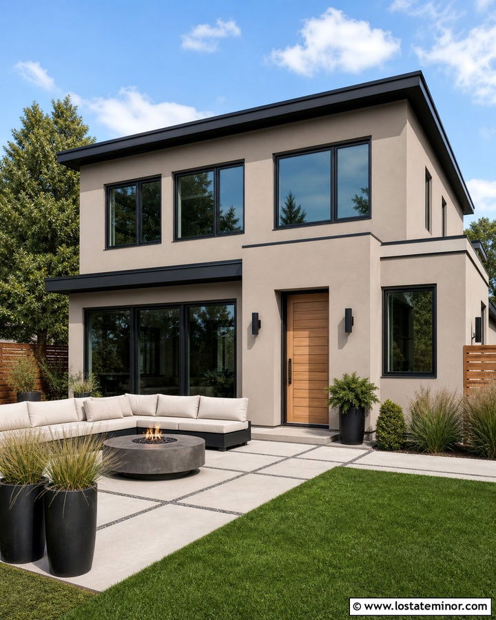 Taupe House With Modern Concrete Patio - 30 Taupe House Design With Backyard Ideas