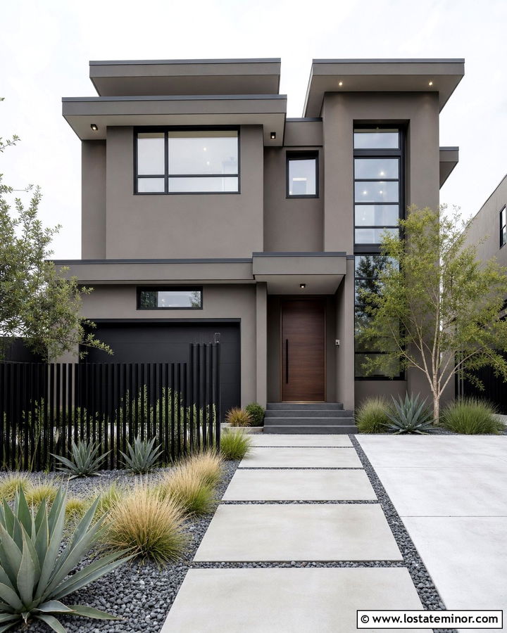 Taupe House With Modern Slat Fence - 30 Taupe House Design With Fence Ideas