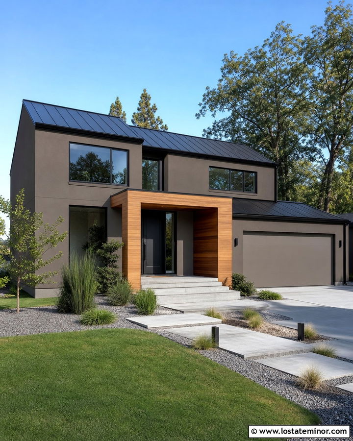 Taupe House With Modern Wood Portico - 30 Taupe House Design With Portico Ideas
