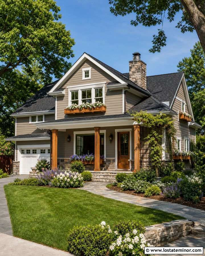 Taupe House With Natural Cedar Window Boxes - 30 Taupe House Design With Window Boxes Ideas