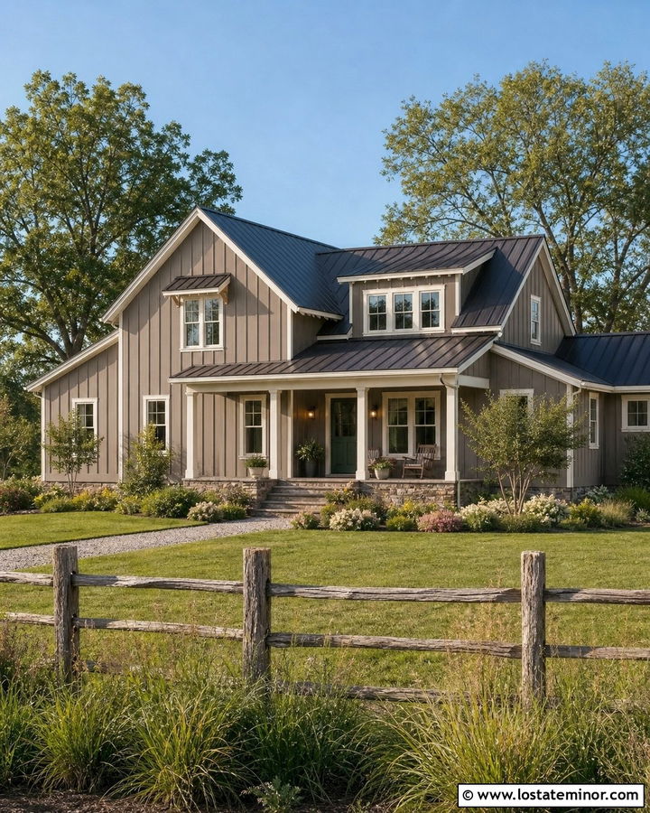 Taupe House With Natural Split Rail Fence - 30 Taupe House Design With Fence Ideas