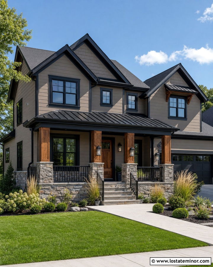 Taupe House With Natural Stone And Black Porch - 30 Taupe House Design With Front Porch Ideas