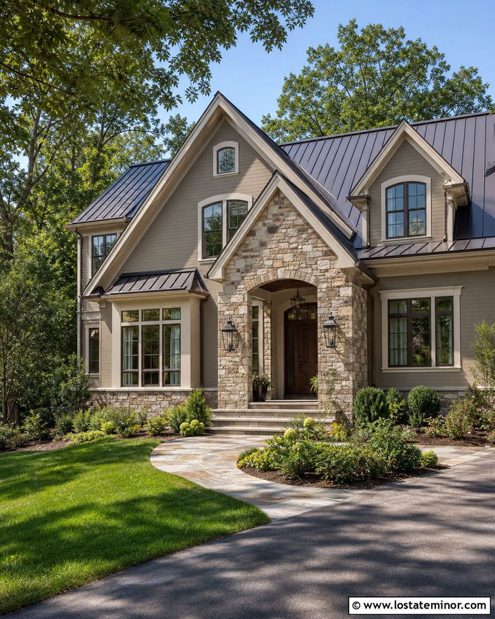 Taupe House With Natural Stone Portico - 30 Taupe House Design With Portico Ideas