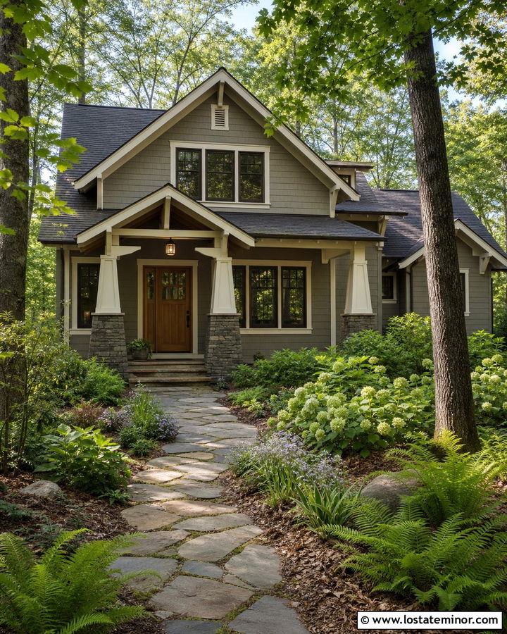 Taupe House With Natural Stone Walkway And Woodland Landscaping - 30 Taupe House Design With Landscaping Ideas