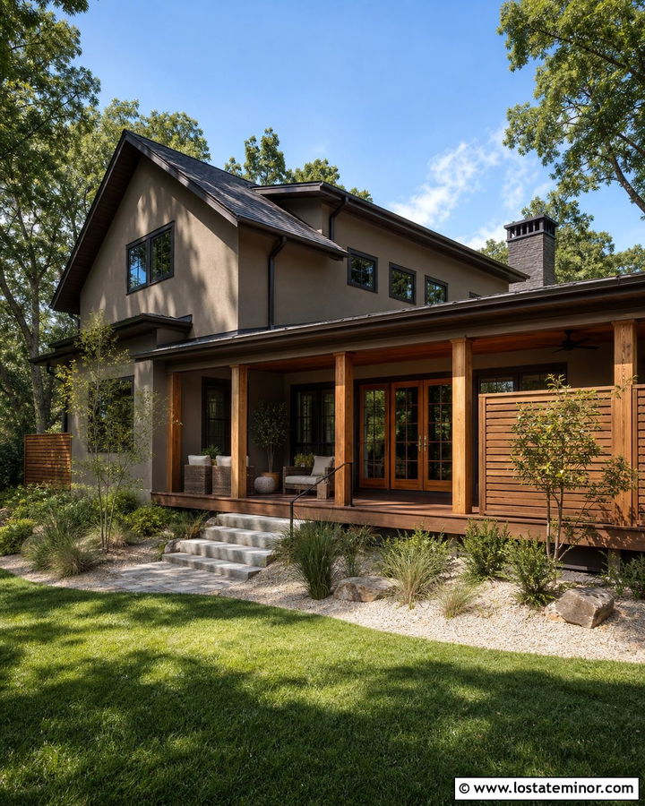 Taupe House With Natural Wood Accents - 30 Taupe House Design With Backyard Ideas