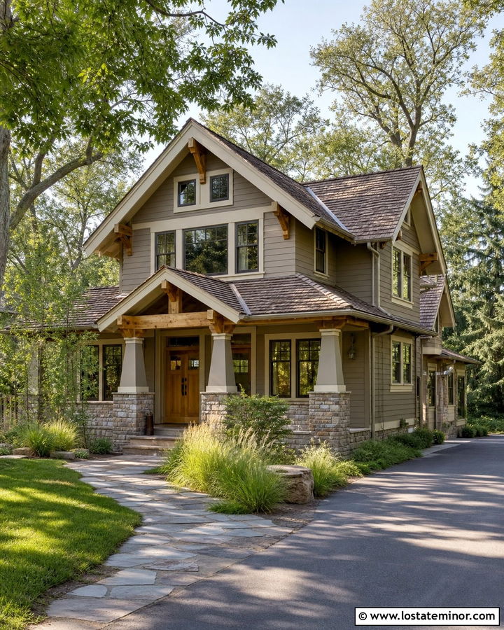 Taupe House With Natural Wood Front Door - 30 Taupe House Design With Entry Door Ideas