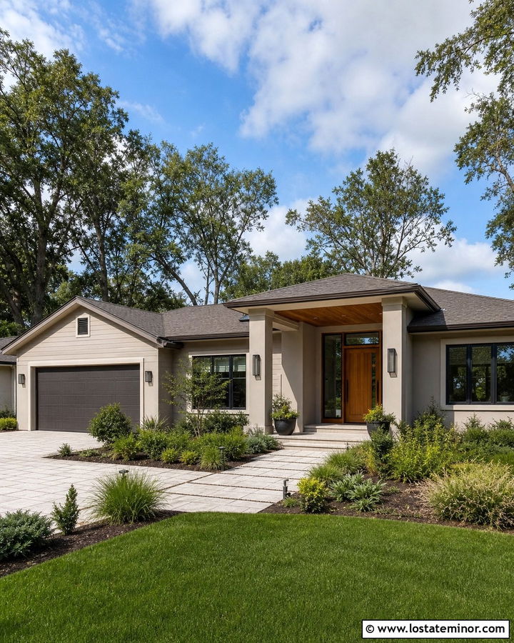 Taupe House With Natural Wood Front Door - 30 Taupe House Design With Accents Ideas