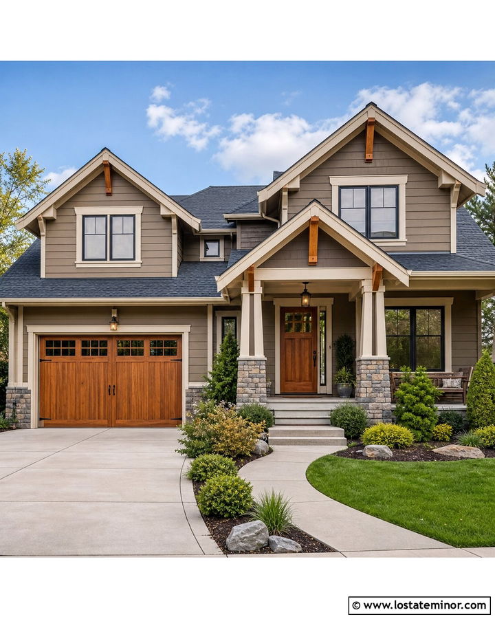 Taupe House With Natural Wood Garage Door - 30 Taupe House Design With Garage Door Ideas